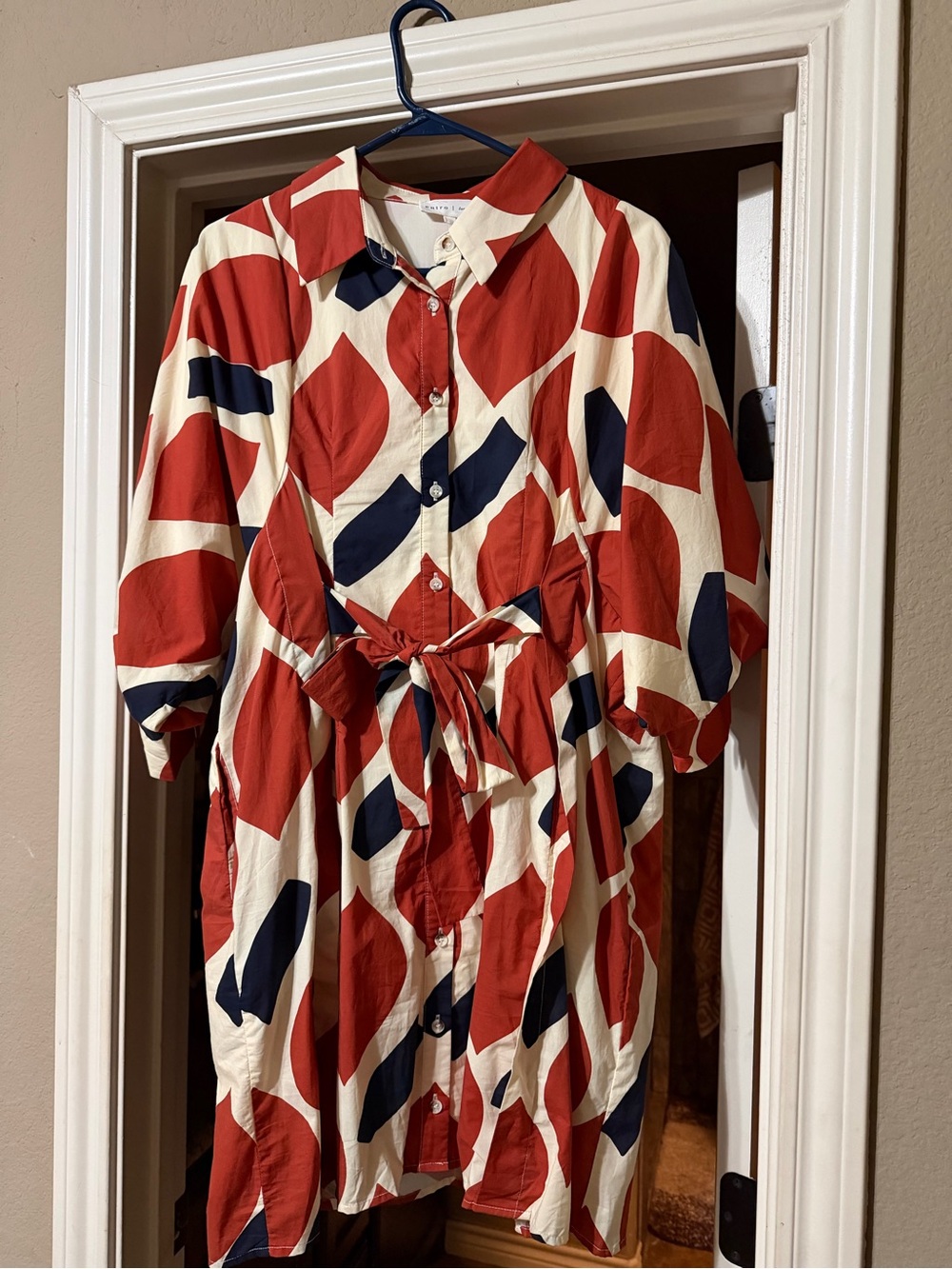 NWOT-Geometric Button-Front Tie-Waist Midi Dress in Red, Navy & Cream